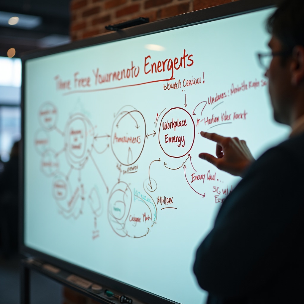 Bílá tabule s diagramem znázorňujícím zdroje pracovní energie a zátěže